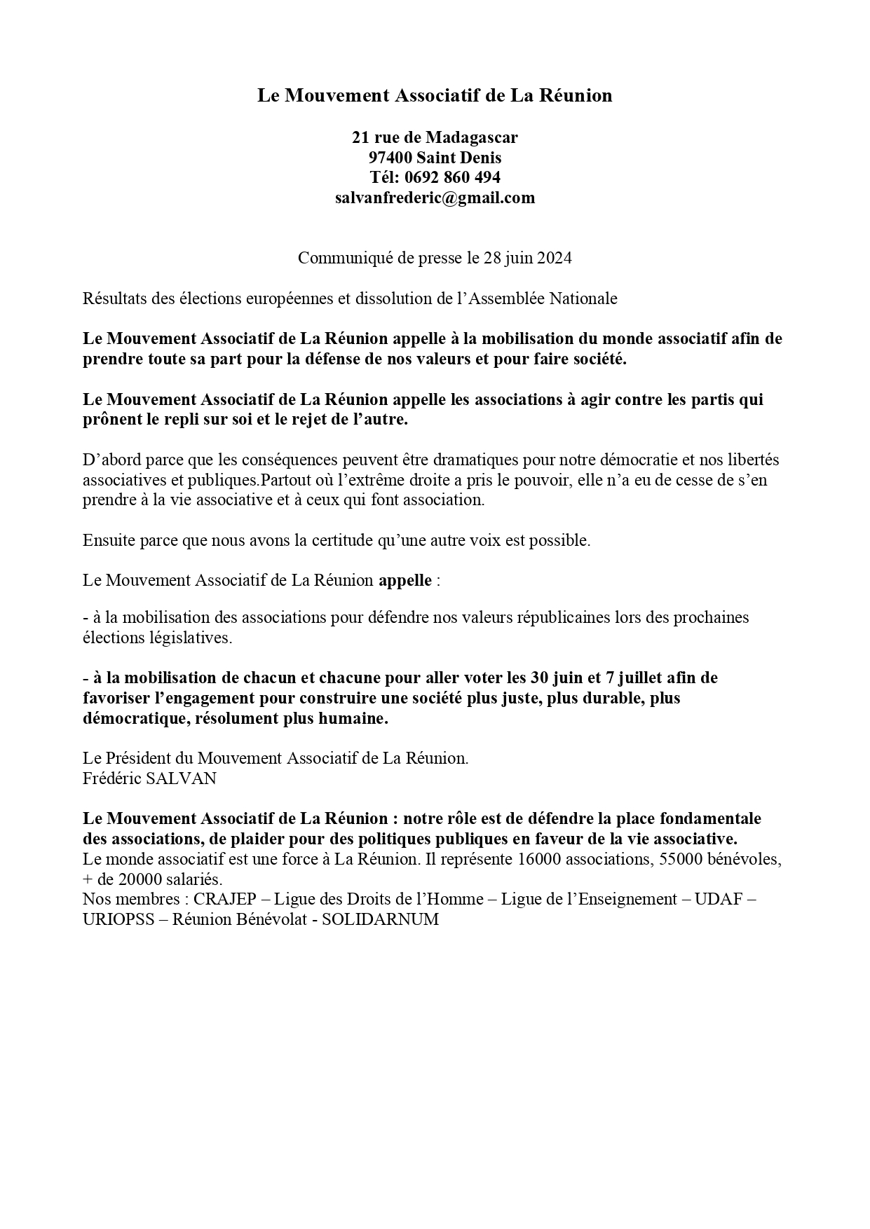 Le Mouvement Associatif de La Réunion appelle à la mobilisation du monde associatif